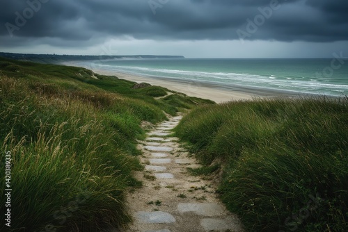 Omaha Beach: A Historical Path Through Nature and Memorials Overlooking the Ocean in Normandy, France photo
