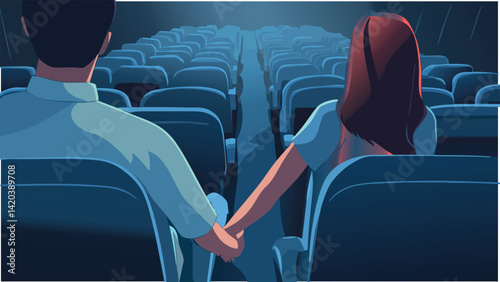 Couple holding hands while watching a movie together.eps