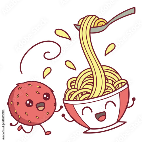 Cute Cartoon Meatball Spaghetti Vector