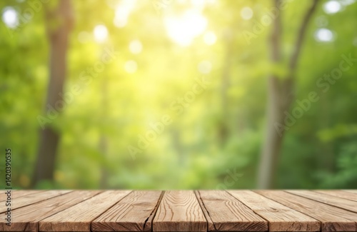 Wooden plank board shelf with blurred green nature background. Tabletop product display, empty space for product placement with sunlight, spring vibes, natural eco background.