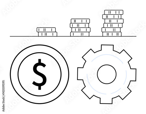 Stacked coins rising in height, dollar symbol circle, and gear icon highlight economic growth, investment, and financial planning. Ideal for business strategy, budgeting, productivity, savings