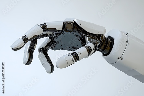 A modern robotic arm demonstrates dexterity and precision, making a pinching gesture to highlight advancements in automation and technology.