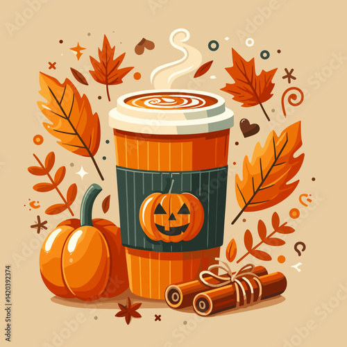 Festive illustration of a pumpkin spice latte cup surrounded by autumn leaves and pumpkins