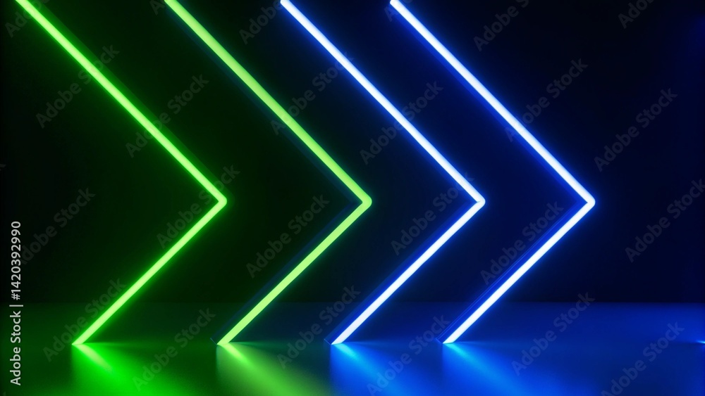 3d render, abstract panoramic neon background with arrows showing right direction, green blue gradient glowing in the dark, futuristic lights, digital scenery, vibrant modern motion design 3d render, abstract panoramic neon background with arrows showing right direction, green blue gradient glowing in the dark, futuristic lights, digital scenery, vibrant modern motion design