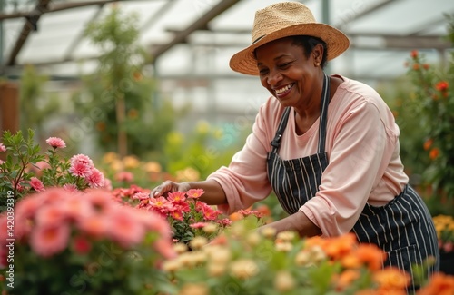 Obraz na płótnie Smiling senior lady gardener, surrounded colorful flowers, tends plants in greenhouse. Happy elderly black woman enjoys gardening as retirement hobby, leisure. Smiling, active female working in w salonie