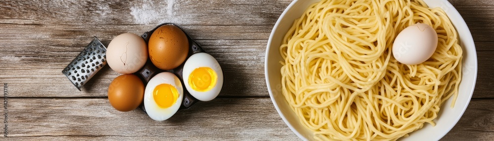 Eggs and Spaghetti Noodles on Wood Table, Meal Prep ,Cooking Eggs and Spaghetti Noodles on Wood Table, Meal Prep ,Cooking
