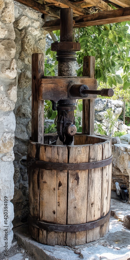 Fototapeta premium Heritage Olive Press in a Cyprus Village: A Traditional Wooden Masterpiece for Travel Enthusiasts