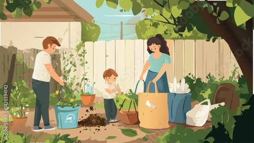 Families composting food waste in the backyard.eps