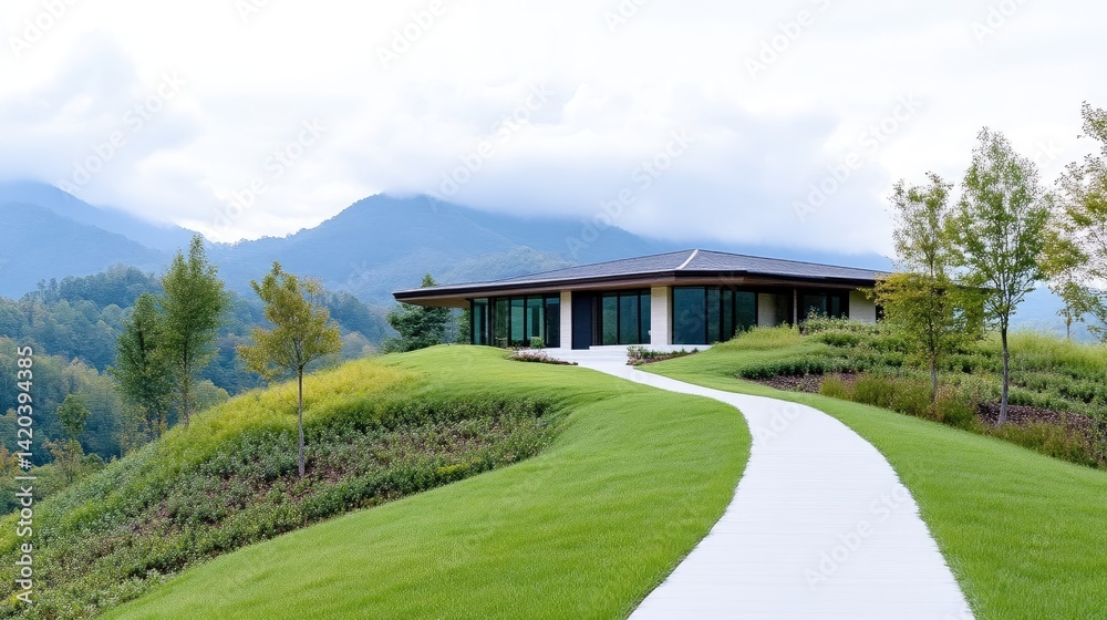 Fototapeta premium Modern mountain home nestled on a hill
