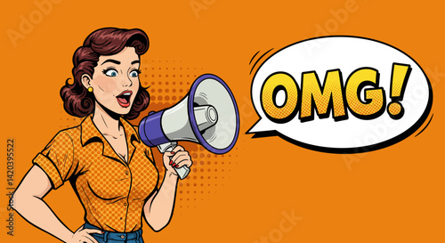 An image of a woman holding megaphone with the word om on it...