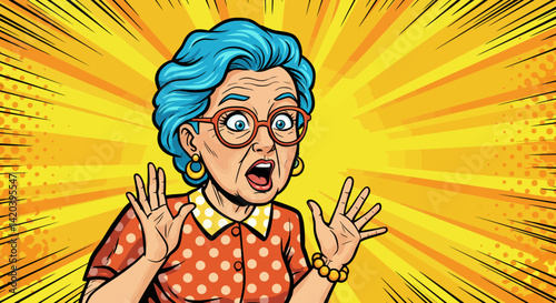 There is an old woman with blue hair and glasses making a surprised face...