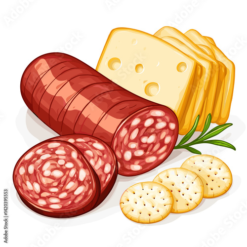 Garlic Bologna Sausage with Cheese, Crackers and Herbs