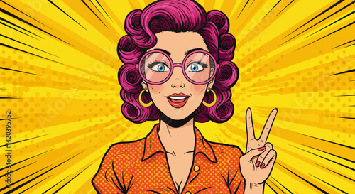 An image of a woman making peace sign with her fingers...
