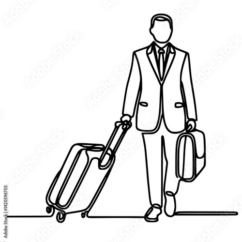 Businessman traveling with luggage in a minimalist outline style , single line outline vector 