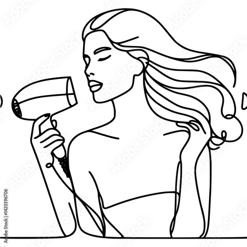 Woman using a hairdryer with flowing hair in a minimalist outline style , single line outline vector 