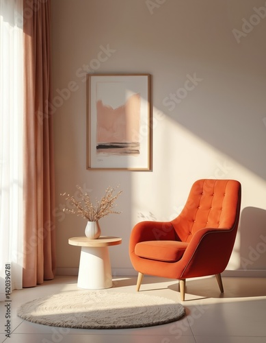Obraz na płótnie Modern minimalist living room with orange armchair, round rug, side table, artwork. Interior design with light and shadow. Home decor. Scandinavian style with natural light. w salonie