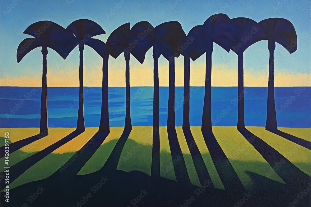 Fototapeta premium Palm trees by the ocean, long shadows