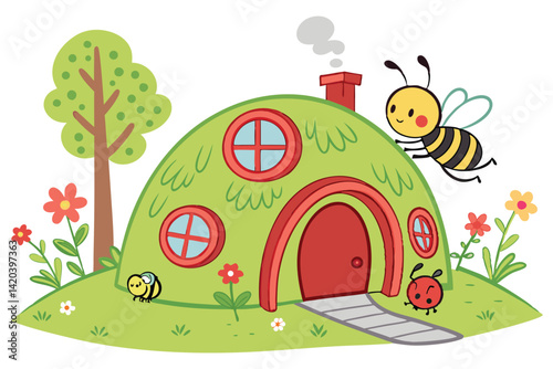 95 Whimsical cartoon beehive house, vibrant green hill-shaped dwelling, red chimney, round windows, bee characters, ant character, colorful insects, fantasy insect home, children's book illustration s