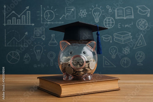 Piggy bank with graduation cap and coins on a book, representing education savings, academic finance, student loans, scholarships, and financial planning..