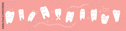 Funny Tooth Doodles – Pediatric Dental Vector Emoji Set on Pink background