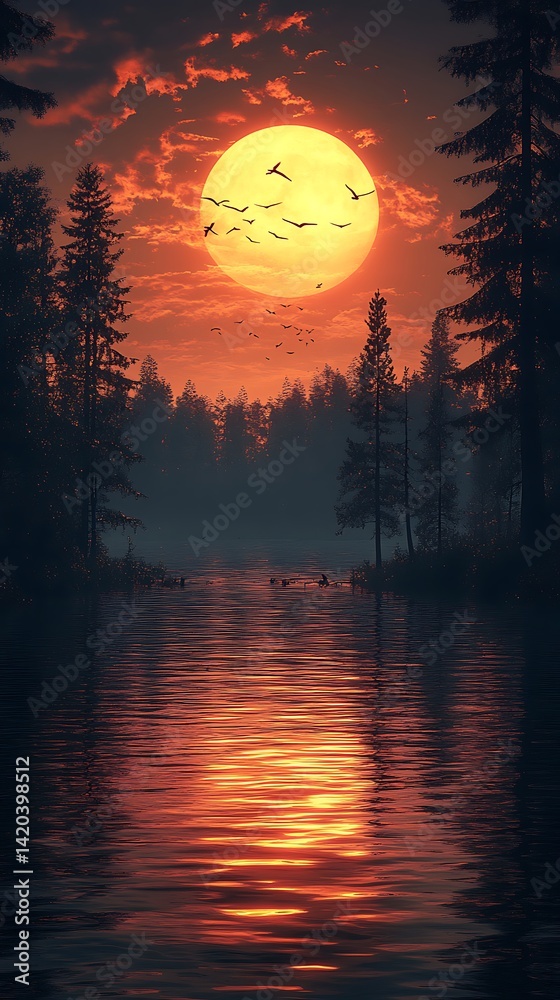 Dramatic Full Moon Rising Over Calm Lake With Birds Silhouette Photo Dramatic Full Moon Rising Over Calm Lake With Birds Silhouette Photo