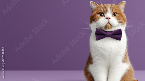 Cute cat sits upright wearing a bow tie surrounded by vibrant purple to create a playful atmosphere