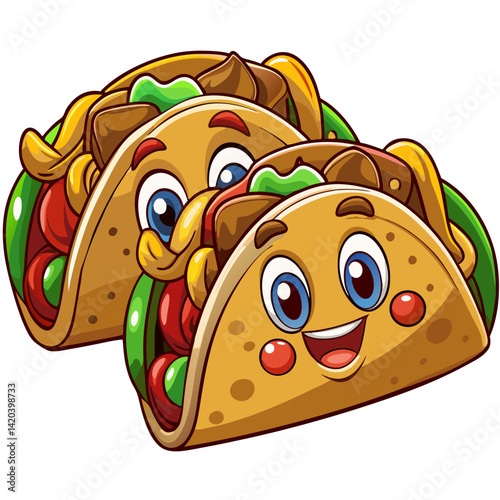 Taco Fiesta: Whimsical illustration of two joyful tacos, overflowing with fresh ingredients, radiating cheerfulness and culinary delight.