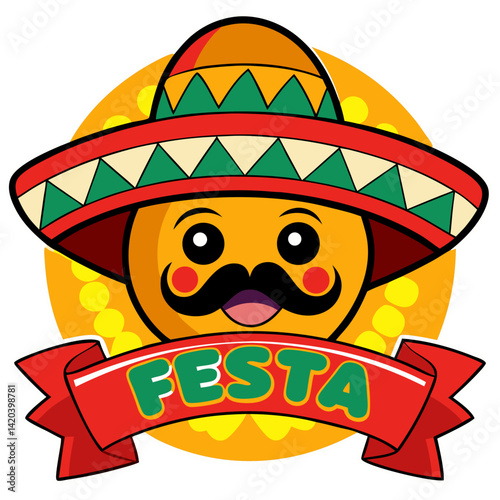 Festive Emoji Icon: A vibrant and cheerful emoji donning a traditional sombrero and mustache, celebrating with a banner reading "Festa," against a festive background