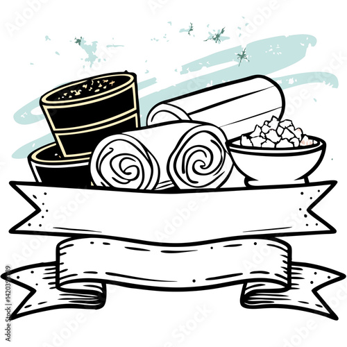 Spa Treatment Essentials: An illustrated composition, displaying rolled towels, bowls of salt, and massage bowls. The image evokes feelings of relaxation and rejuvenation. 