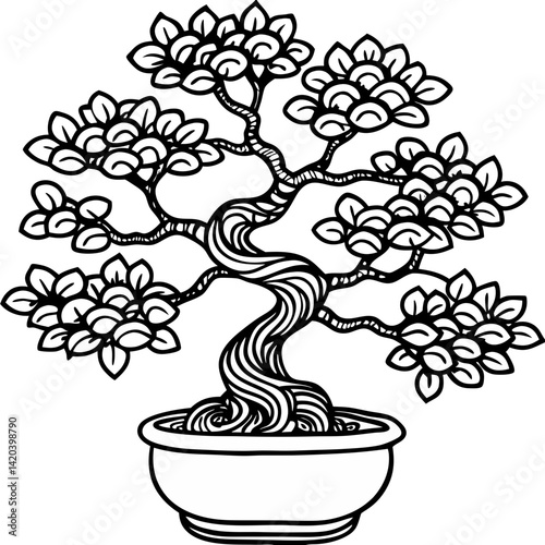 Elegant Bonsai Tree: An exquisite line art illustration depicting a Bonsai tree, symbolizing resilience, patience, and the harmony between nature and human intervention.