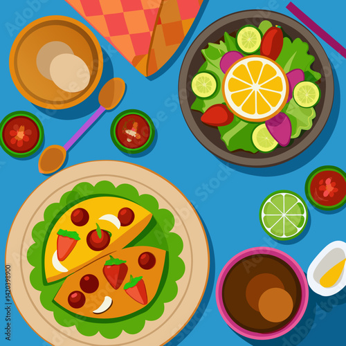 Flat lay of Breakfast with Salad:  A  bright,  vibrant  flat  lay  shot  of  a  breakfast  table  with  a  colorful  salad  and  a  delicious-looking  omelet  with  fruit.
