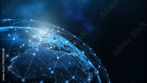 Fototapeta Naklejka Na Ścianę i Meble -  Abstract polygonal planet earth with hologram on dark blue background, digital globe wireframe technology concept future world map visualization data network connection virtual display