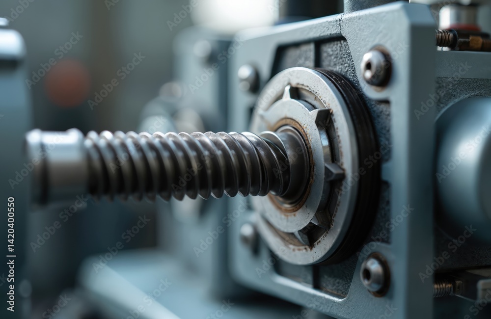 Close-up of plastic extruder machine screw detail. Industrial factory equipment for polymer processing. Machinery for plastic extrusion molding production of parts.