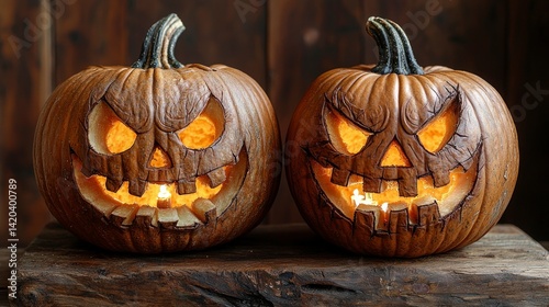 Carved pumpkins glow eerily, ready for spooky fun photo