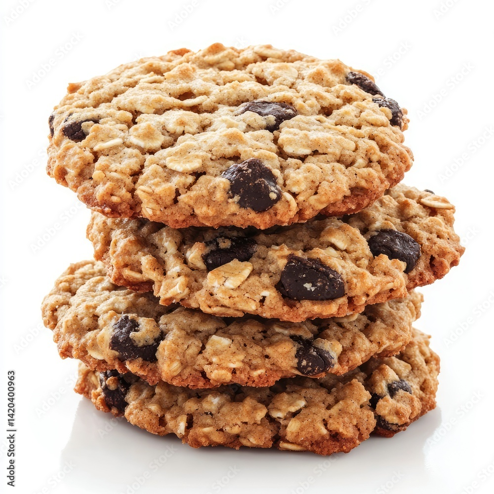 A stack of four oatmeal raisin cookies on a white surface in a close up studio shot for food photography A stack of four oatmeal raisin cookies on a white surface in a close up studio shot for food photography