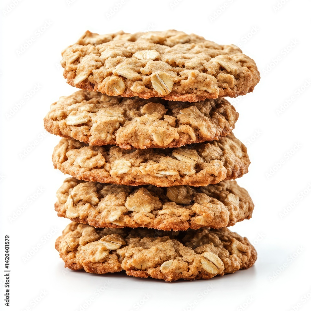 A stack of four oatmeal cookies isolated on a white background showcasing their texture and golden color A stack of four oatmeal cookies isolated on a white background showcasing their texture and golden color