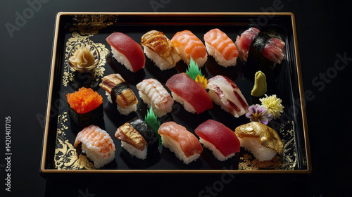 An elegant sushi platter with perfectly arran