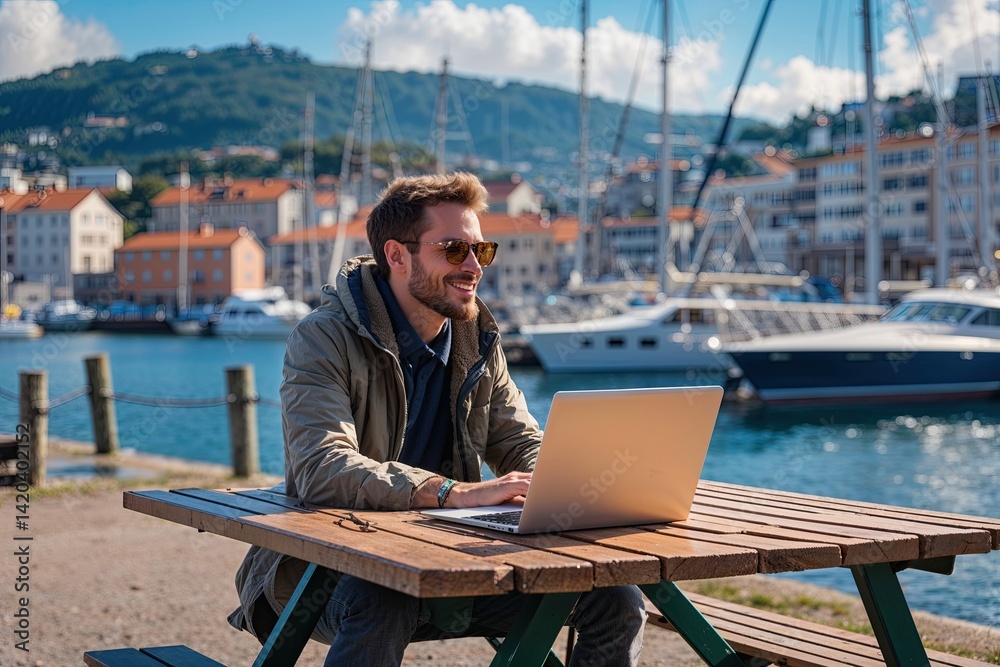 Relaxed Digital Nomad Having a Sunny Day at a Harbor Picnic Table