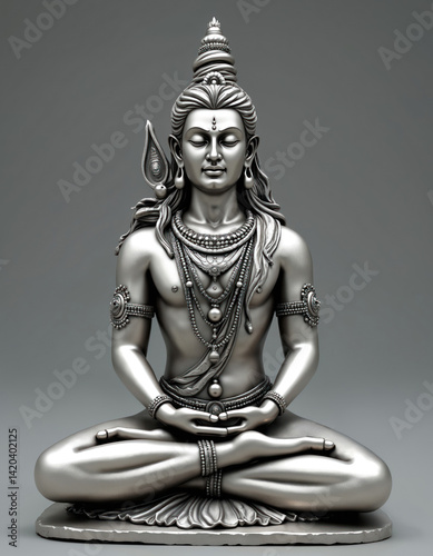 Silver statue Hindu god Shiva seated lotus position meditating. Spiritual deity icon of Indian culture. Yoga pose, worship, peace. Religion, spirituality, meditation, art, culture.