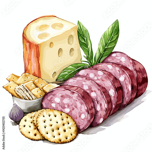 Garlic Ring Bologna with Cheese, Crackers and Herbs