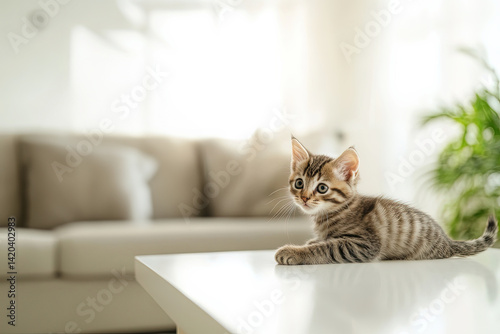 Wallpaper Mural Close-up of an adorable tabby kitten sitting peacefully on a white able in a warm family living room, copy space Torontodigital.ca
