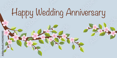 Happy Wedding Anniversary - Schriftzug in englischer Sprache - Schönen Hochzeitstag. Karte mit Kirschblütenzweigen