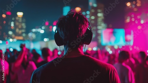 Back view of person with headphones at outdoor music event