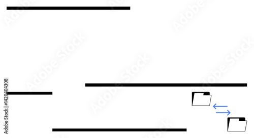 Horizontal black lines represent pipelines or data flow. Folders connected by blue arrows indicate data sharing, communication, or file exchange. Ideal for data transfer, communication, organization