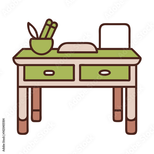 A neatly organized desk with twin drawers, holding a bowl of stationery, a file, and a dome-shaped item. Earthy green and brown hues create a calming workspace vibe.