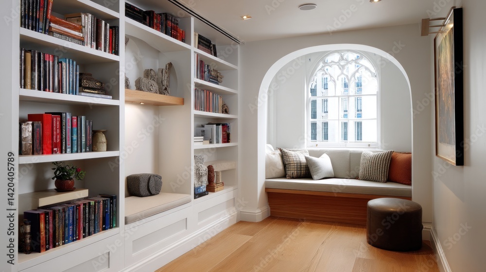 Fototapeta premium Modern library corner with arch niche and built-in shelving 