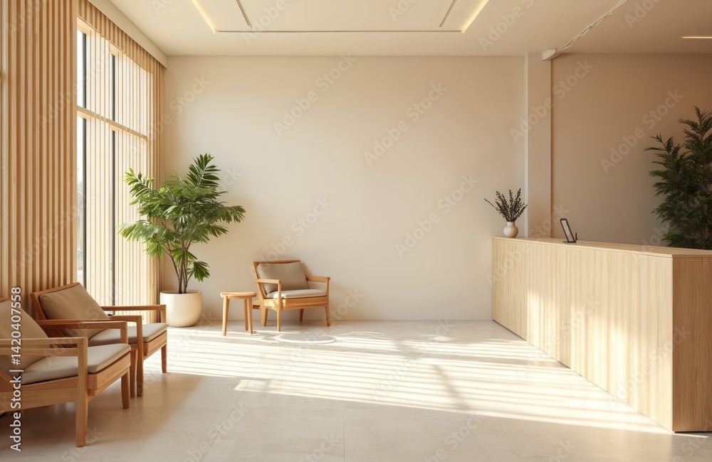 Fototapeta premium Bright minimalist reception area, featuring wooden furniture, natural light. Wooden chairs, table, reception desk, plants. Sunlight accents, inviting atmosphere. Design, modern colors, contrast.