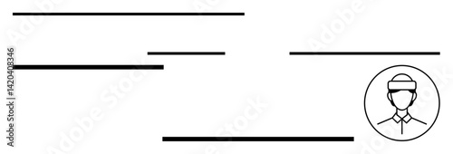 Horizontal black lines with a circular avatar of a person in a cap and collar. Ideal for user interfaces, profiles, identity pages, communication, digital branding, dashboards, cards, simple landing