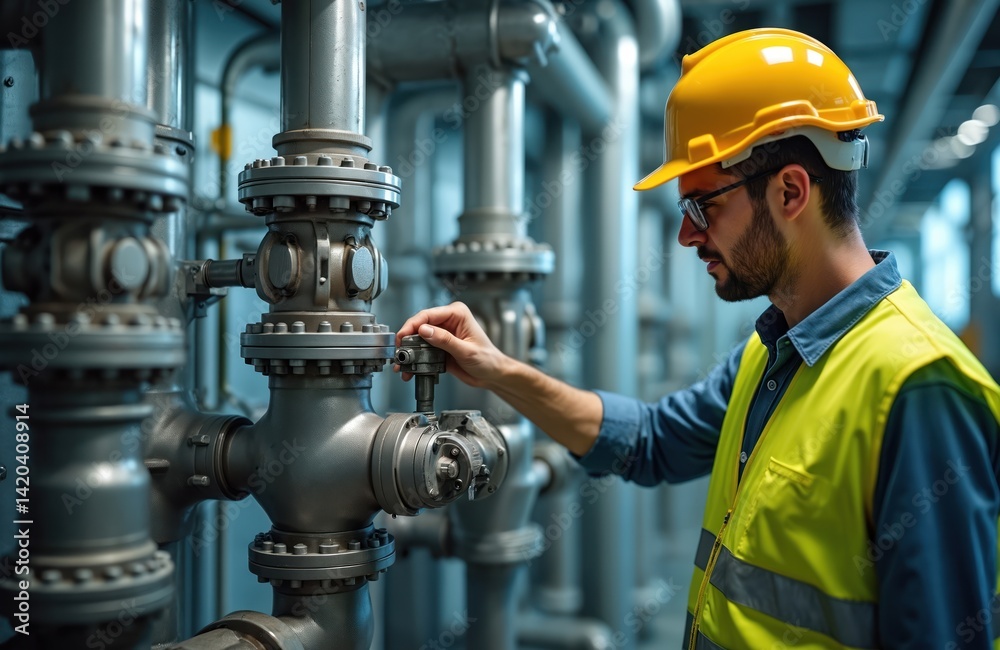 Engineer inspects industrial plumbing system. Man in safety helmet, yellow vest inspects water valves. Maintenance worker checks pipes in modern factory. Repair, service, construction industry.