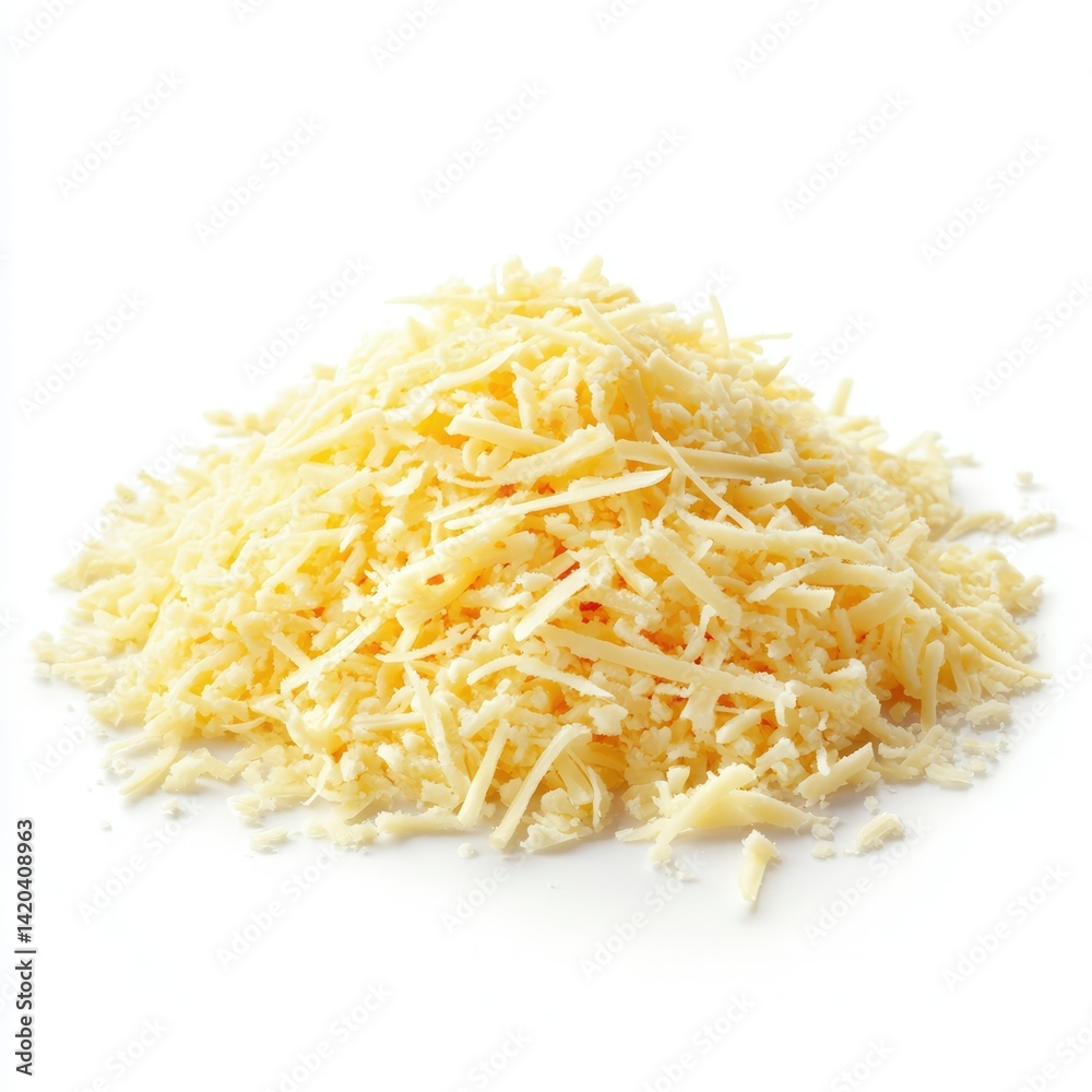 A pile of shredded cheese on a white surface in a studio setting shot A pile of shredded cheese on a white surface in a studio setting shot